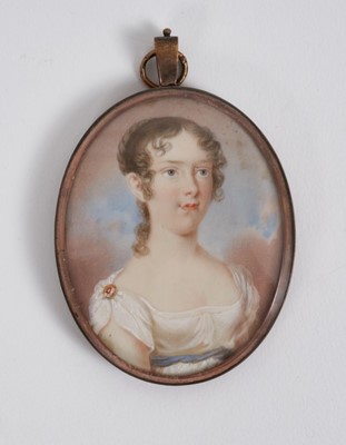 Lot 1018 - Continental School, early 20th century, watercolour portrait miniature on ivory, depicting a young lady wearing white dress with blue sash, variously inscribed to reverse, 6.5 x 5cm, glazed frame w...