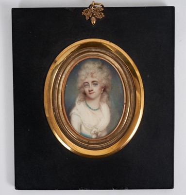 Lot 814 - Ann Mee (1770/75-1851) watercolour miniature portrait on ivory, Hon. Louisa Verney (1769-1835), apparently unsigned, oval, 7 x 5.1cm, glazed gilt frame with woven hair to rear, housed in rectangula...