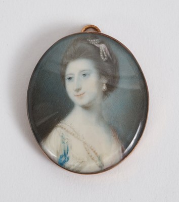 Lot 1019 - Samuel Cotes (1734-1818) watercolour portrait on ivory, a lady wearing pearls and white dress, apparently unsigned, oval, 3.8 x 3.1cm, glazed gilt frame