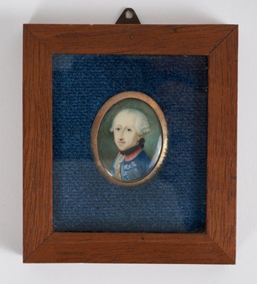 Lot 692 - Continental School, 18th century, watercolour miniature portrait on ivory, Vittorio Amedeo III (1725-1796), King of Sardinia, wearing blue jacket and red collar, oval, 3 x 2.2cm, glazed gold frame,...