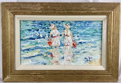 Lot 127 - English school, Contemporary oil on board - children at the seaside, signed Foster, 17 x 31cm, framed