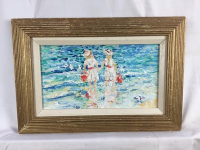 Lot 127 - English school, Contemporary oil on board - children at the seaside, signed Foster, 17 x 31cm, framed