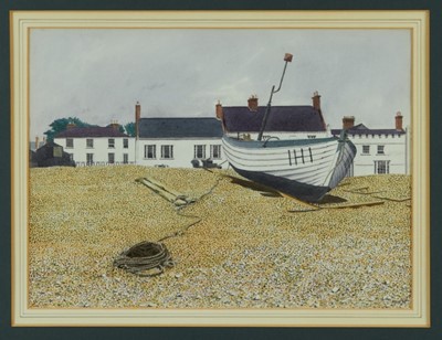 Lot 1272 - Duncan Morris Oppenheim (1904-2003) watercolour - Fishing boats, Aldeburgh, signed and dated, titled to exhibition label verso, 27cm x 37cm in glazed frame.
