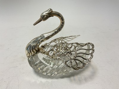 Lot 125 - Continental cut glass silver mounted post vase modelled as a swan, import marks for London 1962, 12.5cm in height.