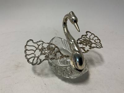 Lot 125 - Continental cut glass silver mounted post vase modelled as a swan, import marks for London 1962, 12.5cm in height.