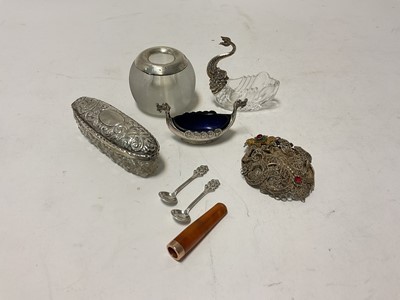 Lot 131 - George V silver mounted glass match striker, (marks rubbed), together with an Edwardian silver mounted cut glass trinket box, filigree brooch, and two salt cellars (various dates and makers).