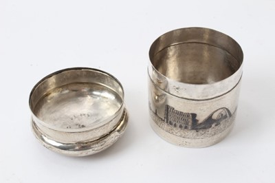Lot 312 - Four Imperial Russian silver and niello spoons, a matching pot and cover and a white metal dish.