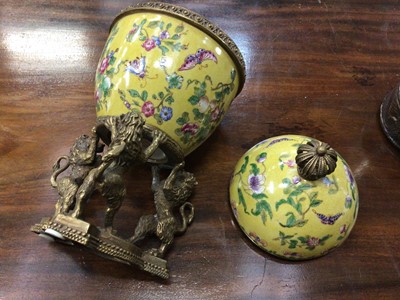Lot 18 - 19th century Chinese crackle glazed sleeve vase and Chinese-style yellow ceramic egg on ormolu base