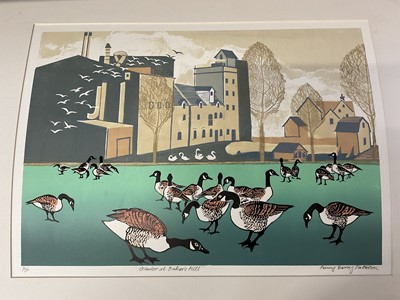 Lot 241 - Penny Berry Paterson (1941-2021) two signed colour linocut prints  - Winter at Bakers Mill and Winter Feed III, both signed and numbered limited editions
