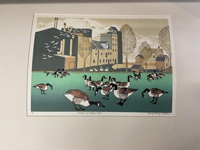 Lot 241 - Penny Berry Paterson (1941-2021) two signed colour linocut prints  - Winter at Bakers Mill and Winter Feed III, both signed and numbered limited editions