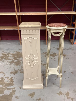 Lot 1028 - Cream and gilt painted two tier plant stand with inset marble top together with another