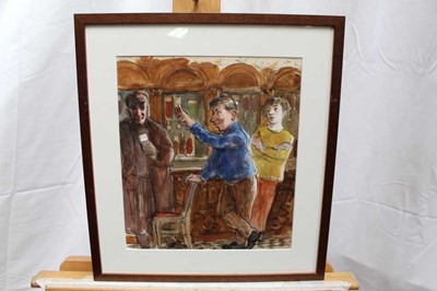Lot 106 - Peter Campbell (1931-1989) watercolour - figures in a pub, 31cm x 27cm, together with three other signed prints - still life, 33cm x 24cm, a man riding a bicycle, 32cm x 24cm and another of a recli...