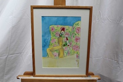 Lot 106 - Peter Campbell (1931-1989) watercolour - figures in a pub, 31cm x 27cm, together with three other signed prints - still life, 33cm x 24cm, a man riding a bicycle, 32cm x 24cm and another of a recli...