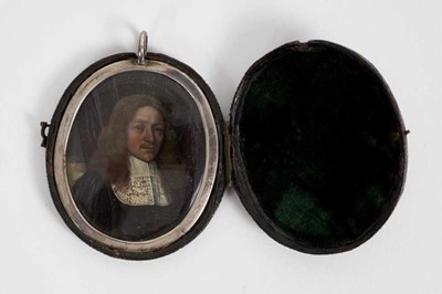 Lot 1021 - Gaspar Smits (1635-1707), oil on copper, miniature portrait of a gentleman with detailed lace collar, oval, 4.6 x 3.6cm, glazed frame with folding shagreen case