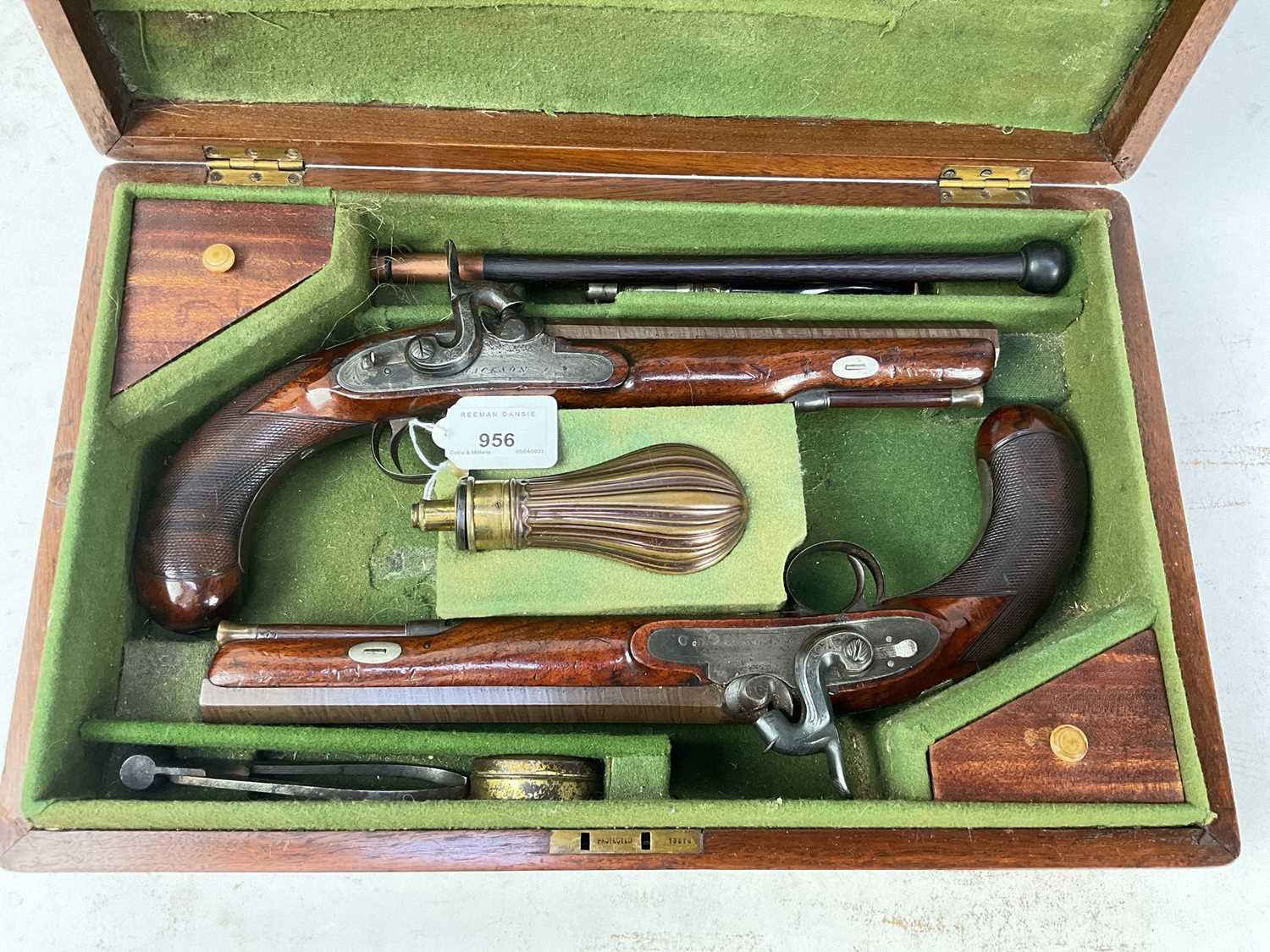 Lot 956 - Pair Victorian Percussion Officer's Pistols by Jackson, cased with accesories.