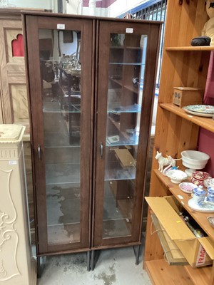 Lot 1037 - Pair of contemporary narrow wood effect display cabinets with glass shelves to interiors (2)