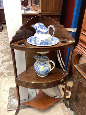 Lot 1122 - George III mahogany corner wash stand, with blue and white China fittings