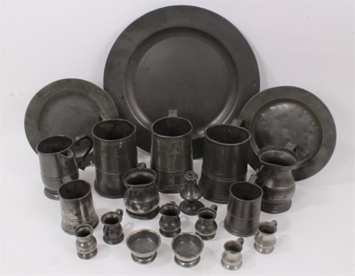 Lot 766 - Collection of predominantly 19th century pewter, chargers and tankards