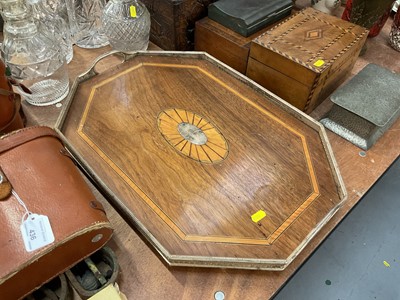 Lot 438 - Edwardian silver plated Gallery tray with inset mahogany and satinwood.