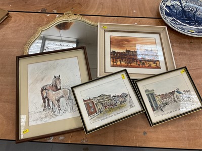 Lot 357 - Ink and wash sketch "A Suffolk Mare with foal, Fran 1979", together with other pictures, a wall mirror and Delft charger