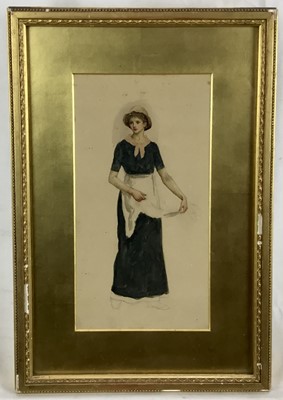Lot 199 - Attributed to Kate (Catherine) Greenaway, 19th century watercolour of a girl with apron, 29 x 15cm, in glazed gilt frame