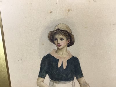 Lot 199 - Attributed to Kate (Catherine) Greenaway, 19th century watercolour of a girl with apron, 29 x 15cm, in glazed gilt frame