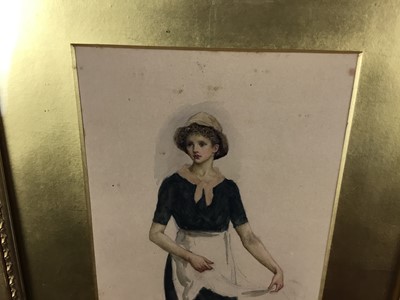 Lot 199 - Attributed to Kate (Catherine) Greenaway, 19th century watercolour of a girl with apron, 29 x 15cm, in glazed gilt frame