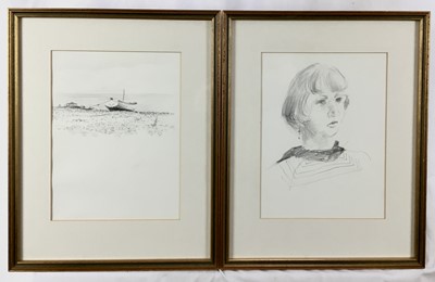 Lot 144 - Glyn Morgan (1926-2015) two pencil sketches, Aldeburgh beach and portrait of a lady, 25 x 18cm, in glazed frames (2)