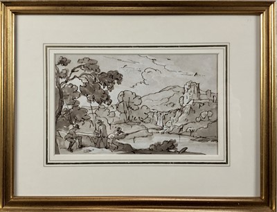 Lot 143 - English School, early 19th century sketch, fishing in a landscape, in glazed gilt frame, 11 x 18cm (23 x 30cm overall)