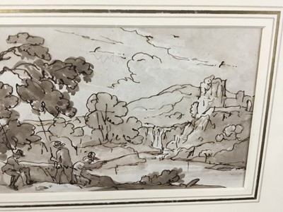 Lot 143 - English School, early 19th century sketch, fishing in a landscape, in glazed gilt frame, 11 x 18cm (23 x 30cm overall)
