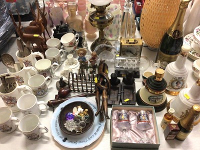 Lot 300 - Group of commemorative wares including Bell's whisky, mugs, glasses etc, magnum of sparkling perry, carved wood ornaments, lamps, Readers digest books and other items