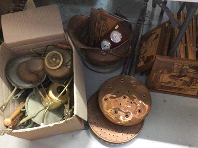 Lot 301 - Copper coal scuttle, warming pan, other metal wares and group of inlaid wooden pictures