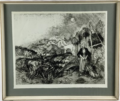 Lot 279 - Gabriel White (1902-1988) etching, Womam with turkey in Spanish landscape, 39.5 x 49.5cm, framed