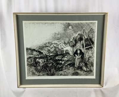 Lot 155 - Gabriel White (1902-1988) etching, Womam with turkey in Spanish landscape, 39.5 x 49.5cm, framed