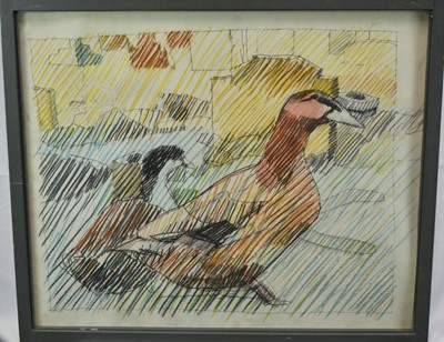 Lot 200 - Tim Nicholson (b. 1939) chalk on paper - Duck in Cemetery, signed and titled verso, 52cm x 64cm, in glazed frame