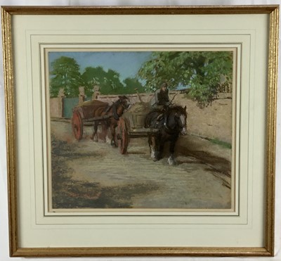 Lot 152 - James McLaren (Scottish, exhibited 1880-1917) pastel on board - horse and haycart, 35 x 40cm in glazed frame