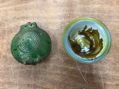 Lot 84 - Antique green glazed pottery flask and Art pottery bowl (2)