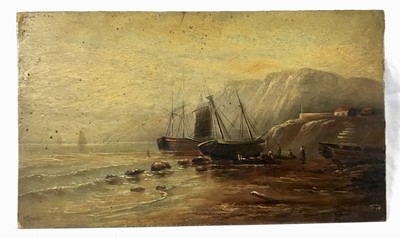 Lot 133 - Hugh Church 19th century oil on board, Dunstanboro Port, together with Rock Light Isle of Arran, both signed and inscribed verso, 19 x 32cm, unframed