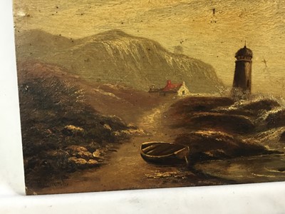 Lot 133 - Hugh Church 19th century oil on board, Dunstanboro Port, together with Rock Light Isle of Arran, both signed and inscribed verso, 19 x 32cm, unframed