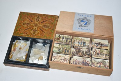 Lot 2441 - Collection of Chinese mother of pearl gaming counters in Indian lacquer box and rare set of battle scene matchboxes