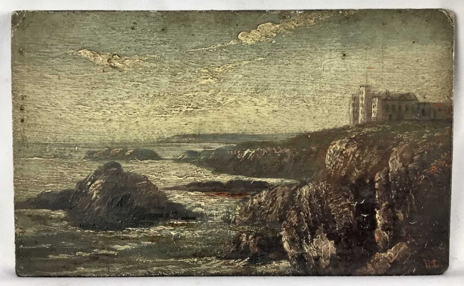 Lot 134 - Hugh Church 19th Century group of five oil on board - The Coast of Slains Castle, Ben Lomond from Talbot, Loch Lomond from the road to Stronaclacher, Water meets Lynmouth, The Mill Stream, all sign...