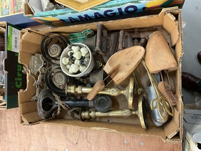 Lot 398 - Vintage stick telephone and lot metalware and sundries