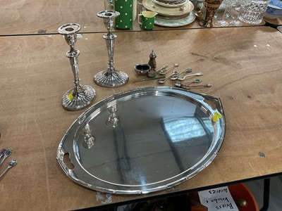 Lot 379 - Silver plated tray, pair of silver plated candlesticks, group of silver cruets abd various souvenir spoons