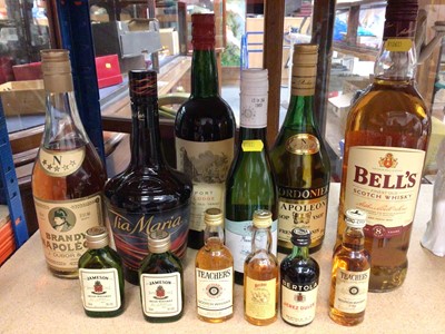 Lot 364 - Selection of alcohol including Bell's whisky, brandy, port etc and miniatures