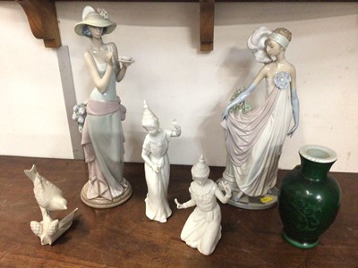 Lot 365 - Two Lladro figures, three other ornaments and a Chinese green glass vase (6)