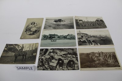 Lot 1409 - Postcards loose in shoe box including military, early cards, real photographic card 'Crossing the Strood under difficulties, West Mersea, railway station, 1904 handcoloured Temple of Yanaka Tokio,...