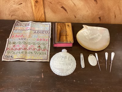 Lot 66 - Carved mother of pearl (Last Supper), Olivewood Jerusalem souvenir book, Sampler etc