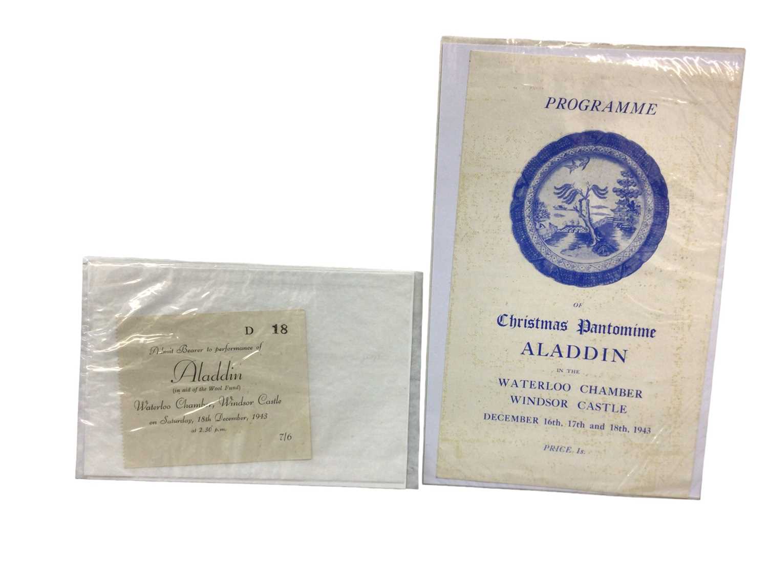 Lot 74 - Scarce Wartime Royal Pantomime programme and ticket for Aladdin, Waterloo Chamber, Windsor Castle 18th December 1943