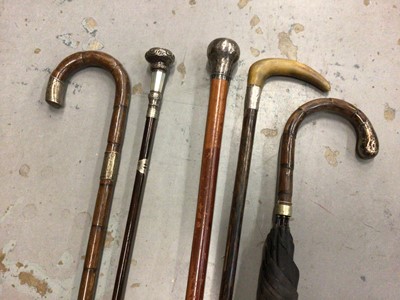 Lot 150 - Four silver mounted walking canes/sticks and an umbrella (5)