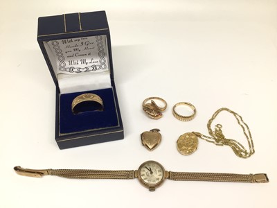 Lot 177 - Group of 9ct gold jewellery to include an engraved wedding ring, fish ring, one other ring, two lockets on chains and a 9ct gold cased Rotary wristwatch on 9ct gold bracelet